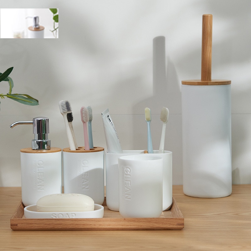 Bathroom Accessories Set Soap Lotion Dispenser Toothbrush Holder Soap Dish Tumbler or wood Bottle Cup Black/White/gray