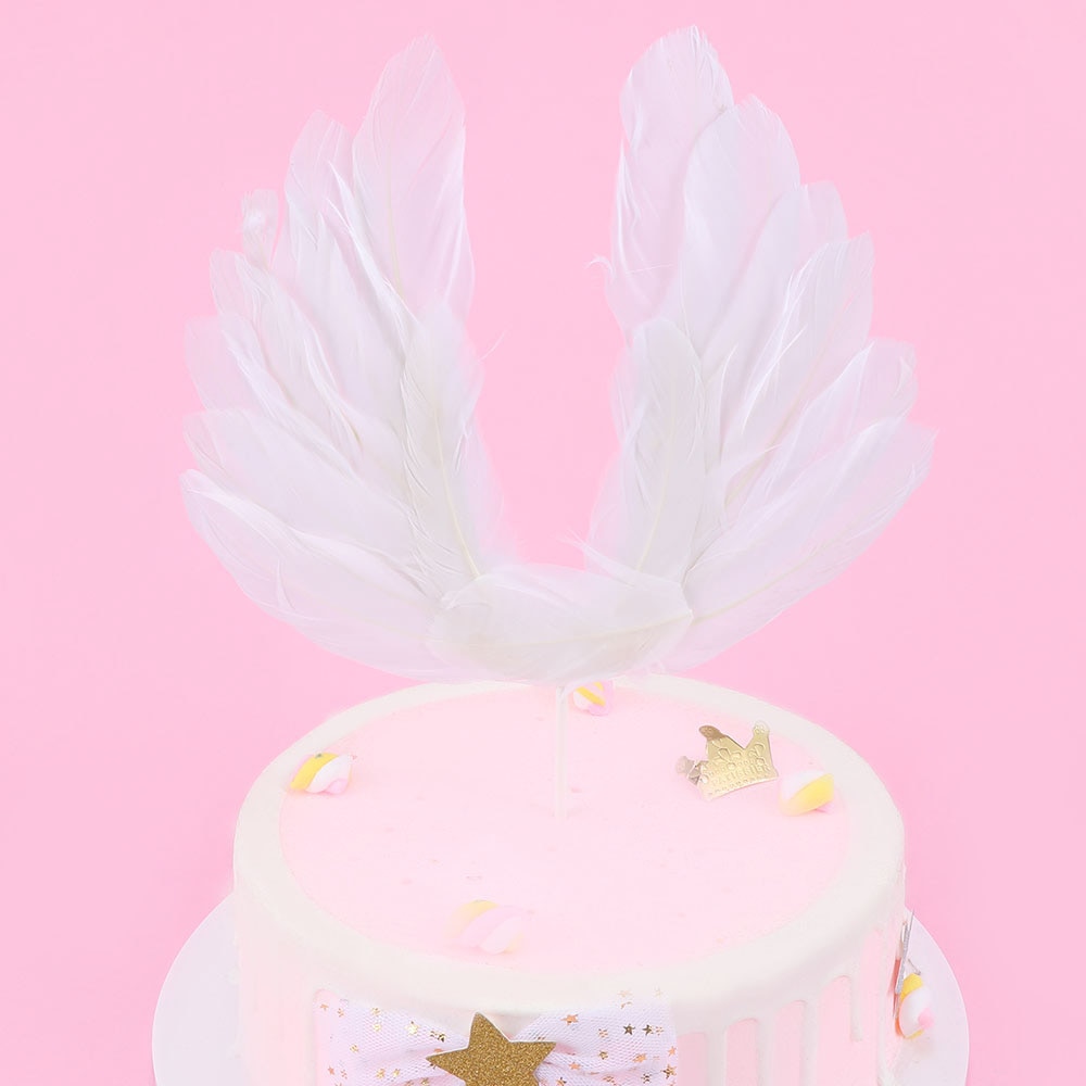 1Pcs Cake Topper Angel Wing White Feather Wing Happy Birthday Sticker Decor Baking DIY Accessory Romantic Ornaments Decoration