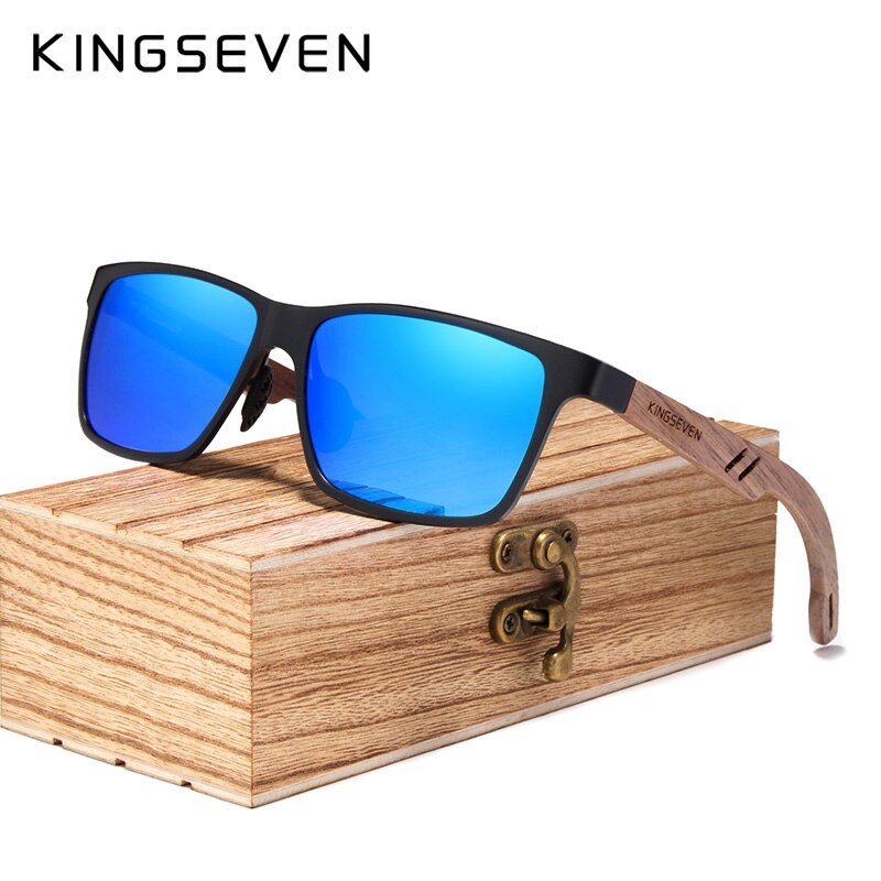 KINGSEVEN Wood Men Sunglasses Polarized Wooden Sun Glasses for Women Mirror Lens Handmade UV400 Eyewear Accessories: Blue Walnut Wood