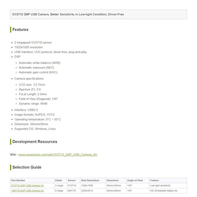 Waveshare OV2710 2MP USB Camera, Better Sensitivity in Low-Light Condition, Driver-Free 1920X1080 Resolution UVC Protocol