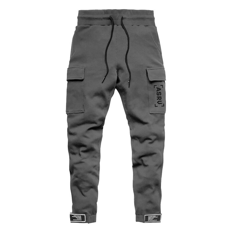 Stil overalls herre ensfarvet multipocket mærke herre sports fritidsbukser slim fit herrebukser med små fødder: Grå / L