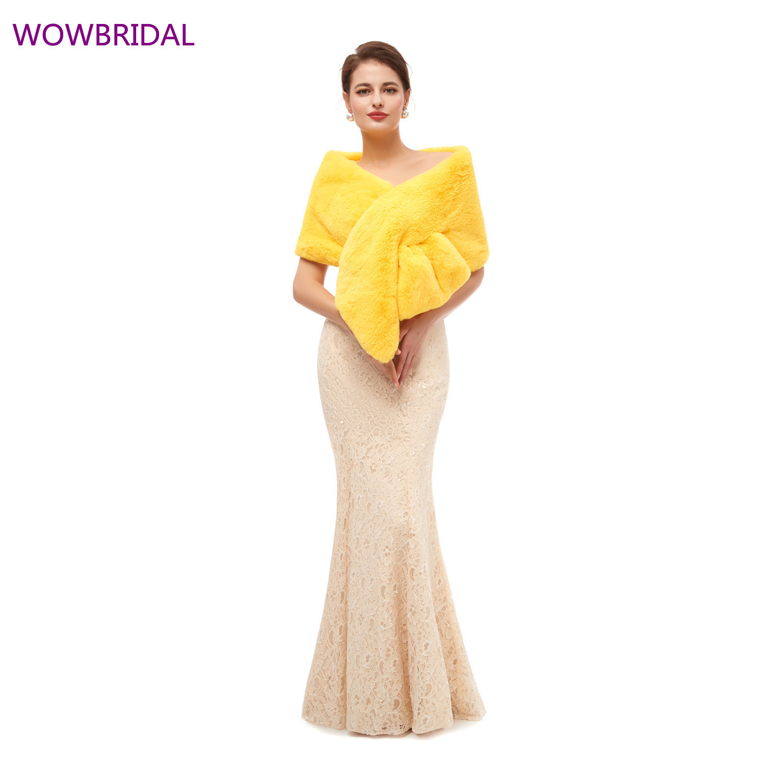 Navy Faux Fur Bolero Wedding Fur Shawl for Woman Wedding Faux Fur Wraps Bride Bridesmaids Bridal Jackets / Shawl Accessories: yellow