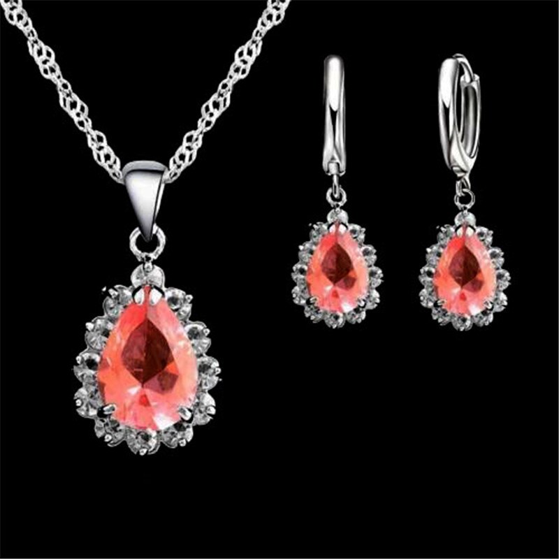 925 Sterling Silver Earrings Necklace Sets Pink/Blue/Gray/Red/Green/Purple Drops Water The Crystal For Women Wedding: Pink