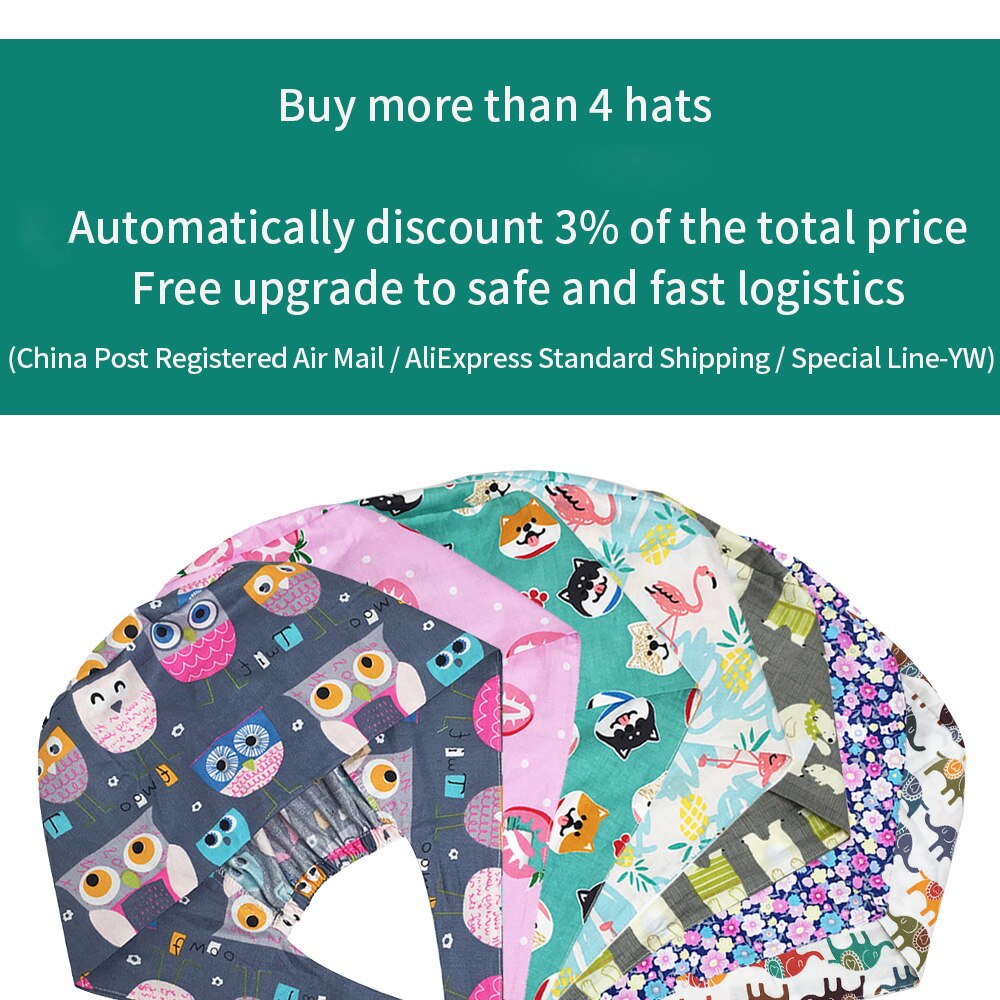 Scrubmuts voor huisdieren, verstelbare elastische gesp, werkmutsen voor voedingsdeskundigen, zweetabsorberend, cartoonprint, veelkleurige scrubmuts