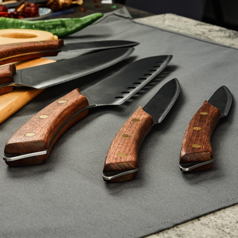 Damask Stainless Steel 5PCS Black Matte Hollow Blade Kitchen Knife Set Chef Knife Slicing Knife Wood Handle Kitchen Cleaver