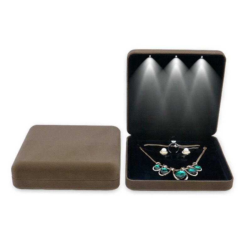 18X18X4.4 Cm Fluwelen Led Sieraden Doos Ketting Earring Ring Box Sieraden Set Display Storage Case: Brown