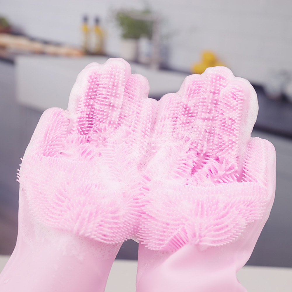 1 par handsker køkken silikone rengøringshandsker magisk silikone opvask handske til husholdnings skrubber gummi køkken rent værktøj