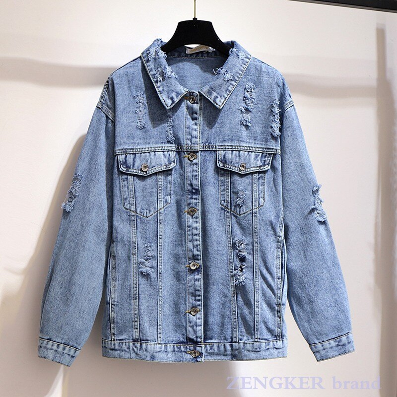 Chaqueta vaquera rasgada de talla Extra grande para mujer, chaqueta vaquera holgada, abrigo superior, 5XL, 6XL: Azul / XXL