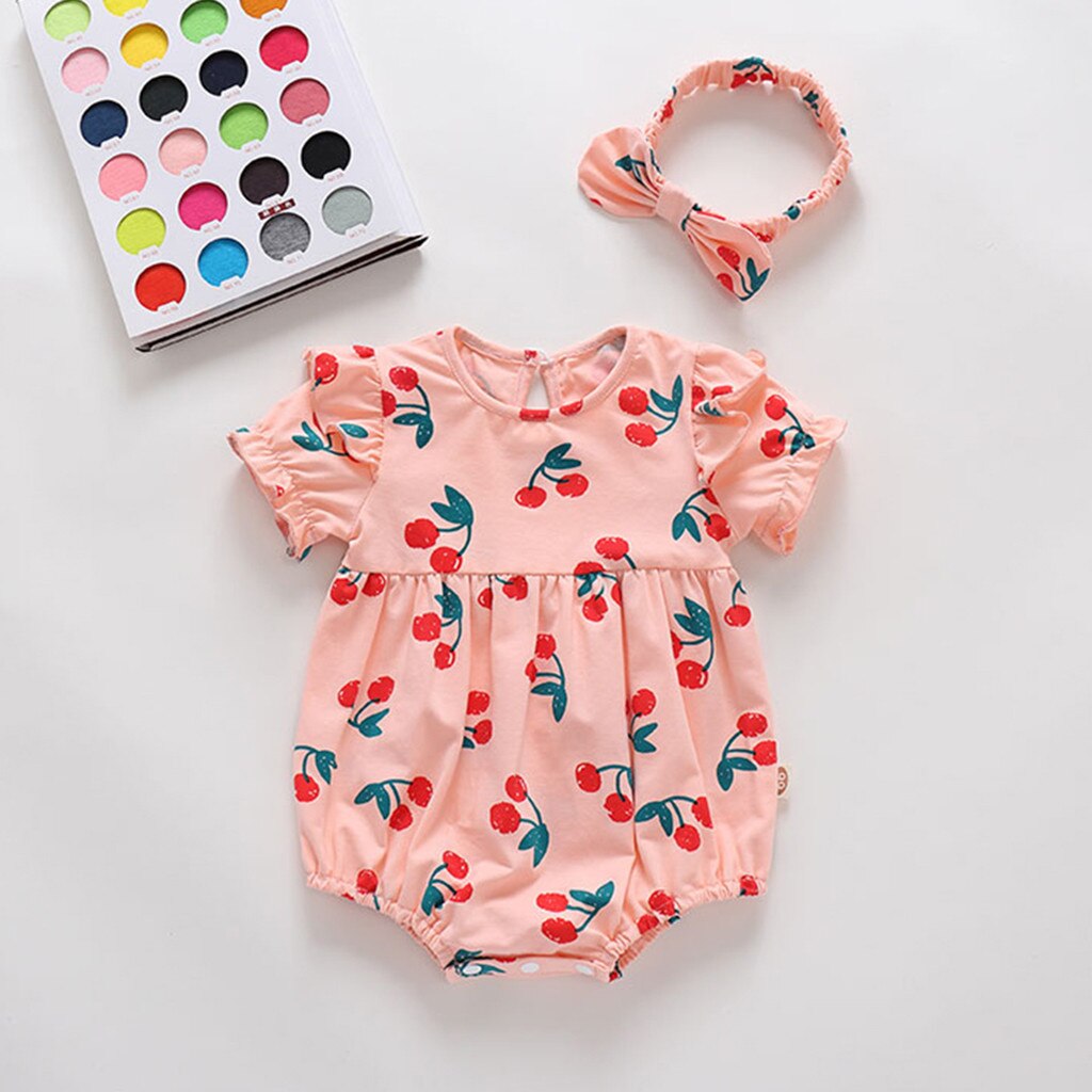Body de manga corta con estampado de cereza para bebé, Pelele de princesa fruncido, mono con Estampado de cereza, diadema estampada, mamelucos para niño