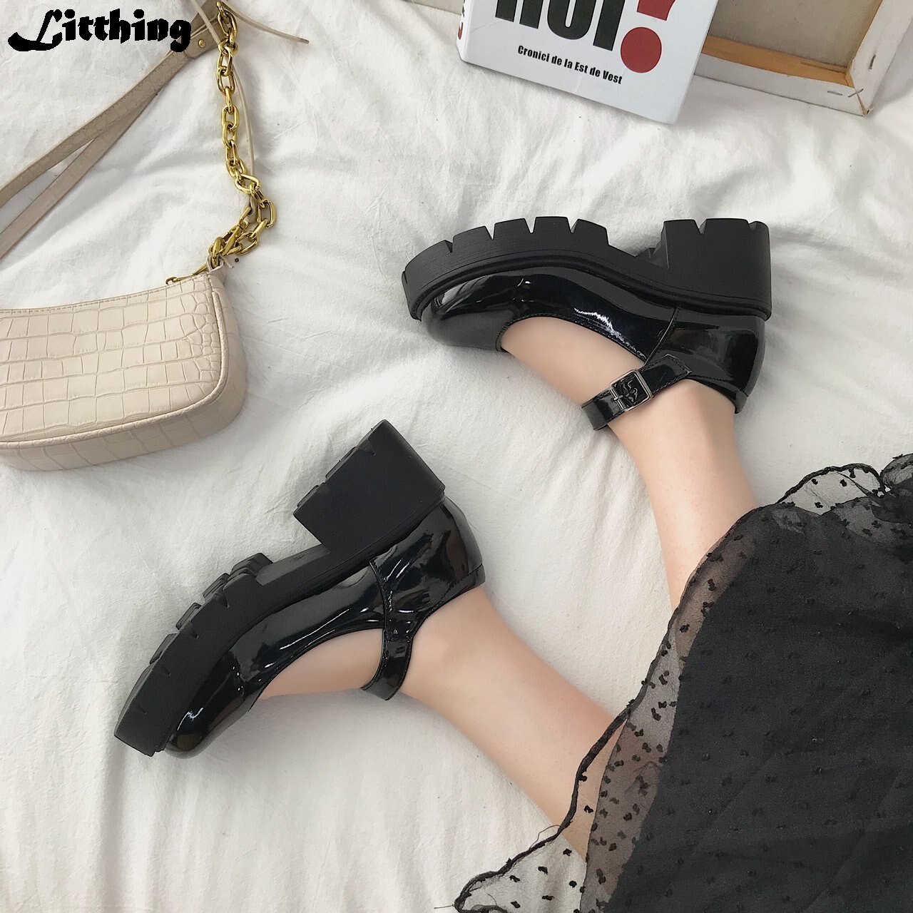 Zwarte Hoge Hakken Schoenen Vrouwen Pompen Wig Lakleer Platform Schoenen Vrouw Ronde Neus Mary Schoenen Mujer