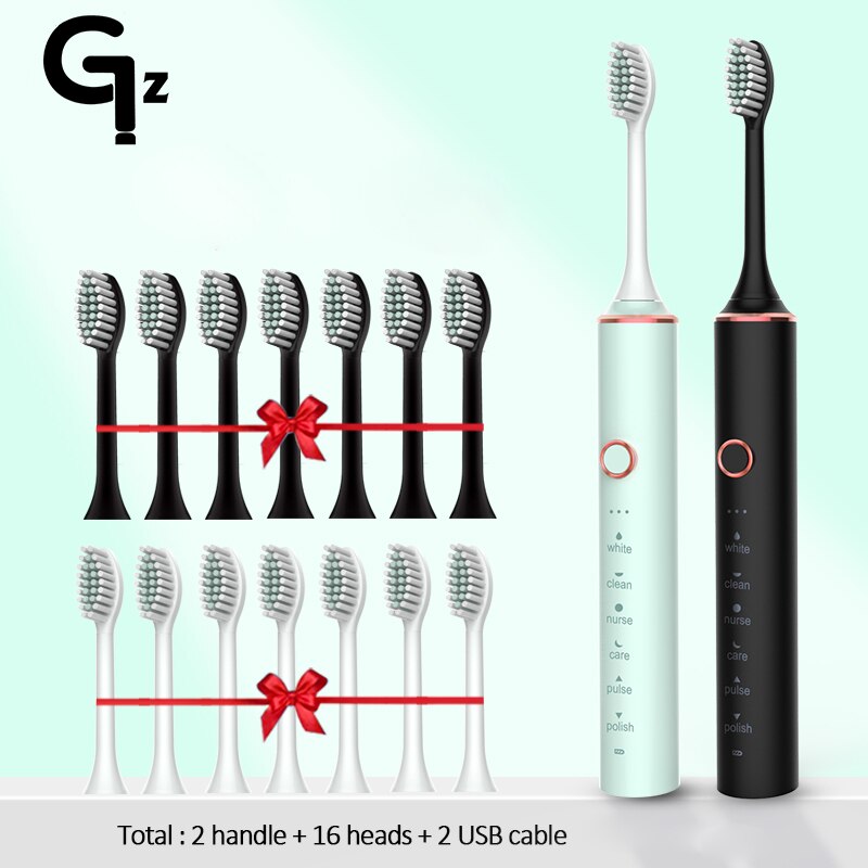 GeZhou-cepillo de dientes eléctrico sónico para niños, dispositivo de limpieza recargable IPX7, resistente al agua, 18 modos de viaje, 16 cabezales: N100black green