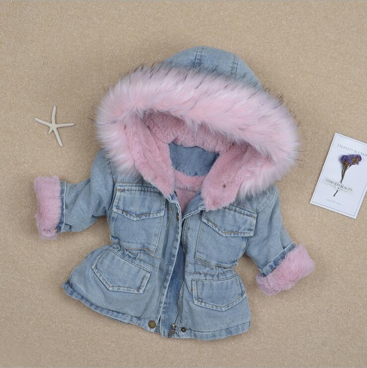 Veste en denim pour filles de 1 2-3-4-5 ans | Vêtements d'hiver en fourrure, manteaux chauds en velours plus, vestes d'hiver à capuche pour enfants: Rose / 12M