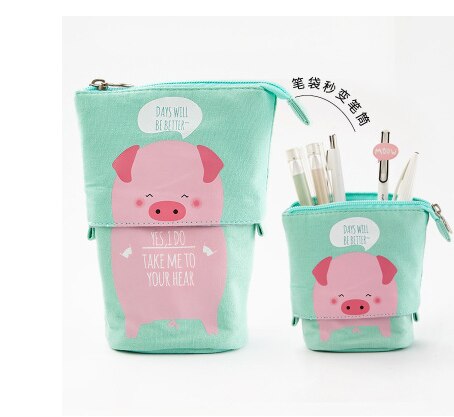 Cartoon kat telescopische etui tas opvouwbare staande houder kinderen etui canvas intrekbare studenten flexibele pennendoos: Varken