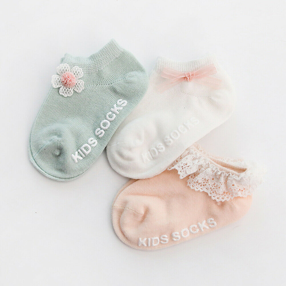 Pudcoco 4 Stijlen 3 paar/set Peuter Meisje Sokken Leuke Baby Kids Ademend Zacht Katoen Kinderen Kant Boog 0-3Y: 3 / 12m