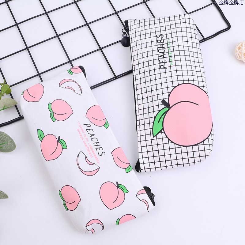 Kawaii Canvas Pencil Case Fruit Peach Pink Girls for School Pencil Box Pencilcase Pencil Bag School Supplies Stationery