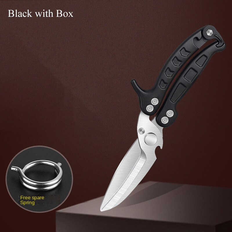 Detachable Kitchen Knife Scissors Powerful Chicken Bone Duck Fish Meat Fruit Shears Stainless Steel Clean Cooking For Kitchen: BLACK With Box