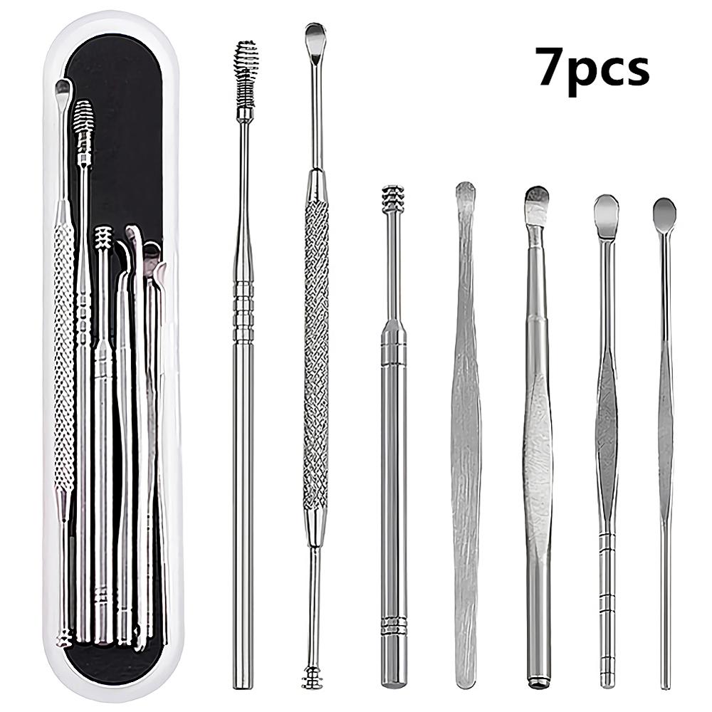 1/7 Uds. Juego de recolectores de cera de oído removedor de cera de acero inoxidable Curette limpiador de pico de oído limpiador de cuchara cuidado de oído herramienta de limpieza: 7pcs