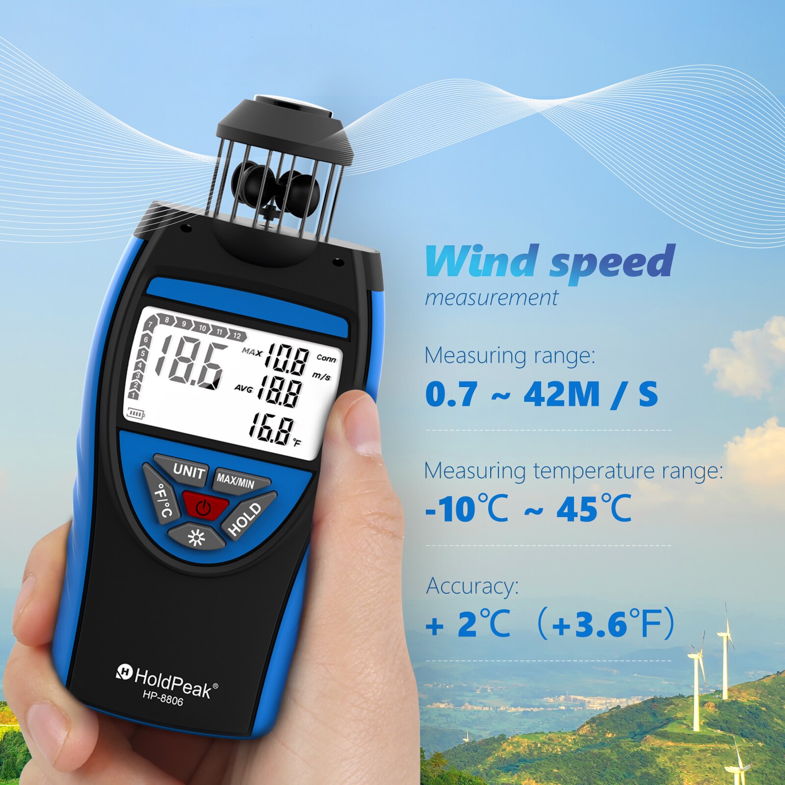 HOLDPEAK HP-8806 Handheld Wind Cup Anemometer 2.5150 KM/h AVG 6 Unit Adjustable with Temperature Measurement Backlight Display