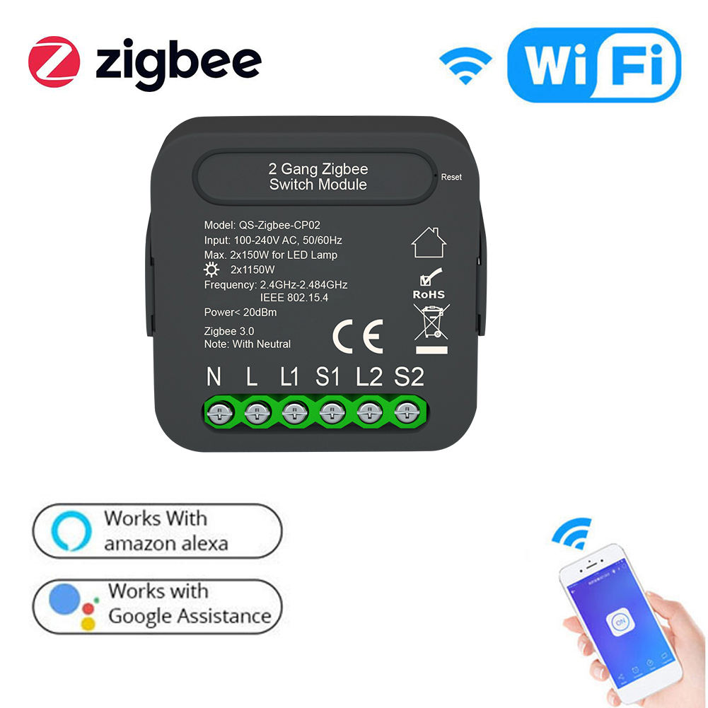 Tuya ZigBee Intelligent Switch Module Intelligent Home Electrical Appliance Conversion Module 2 Gang Lighting Switch Module