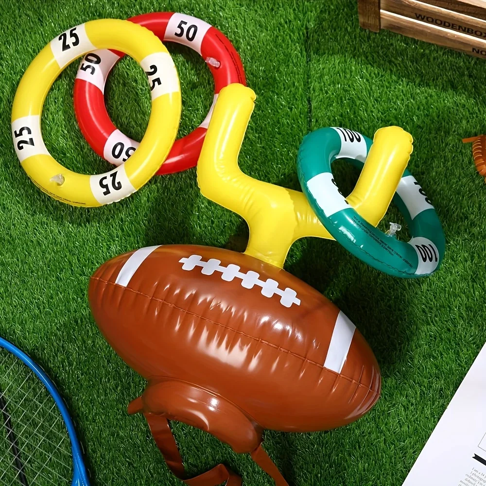 Inflatable Rugby Throw Ring Set, 1 Inflatable Rugby Ball Hat, 3 Inflatable Rings, Party Indoor Outdoor Activity Props, Best for