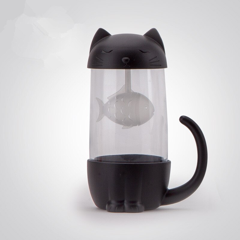 Sød kat glas kop te krus med fisk infusionsfilter filter hjemmekontorer filter kop tegneserieflasker: Sort