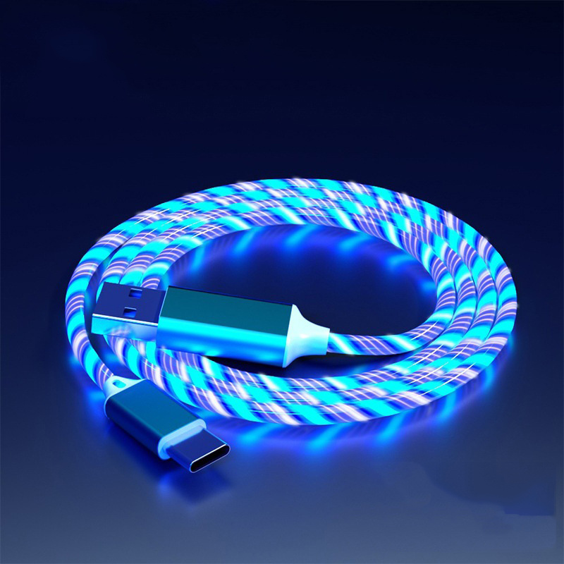 Câble USB LED lumineux de Type C, pour Samsung Xiaomi OPPO Huawei IPhone, chargeur rapide, cordon de données, lumière fluide, câble LED: Bleu / 1m