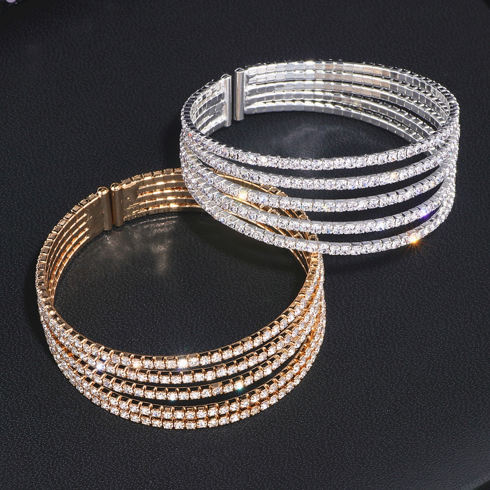 5 Rijen Clear Rhinestone Bangle Armband Goud Kleur Crystal Armbanden Wedding Bridal Sieraden Accessoires Voor Vrouwen WX209