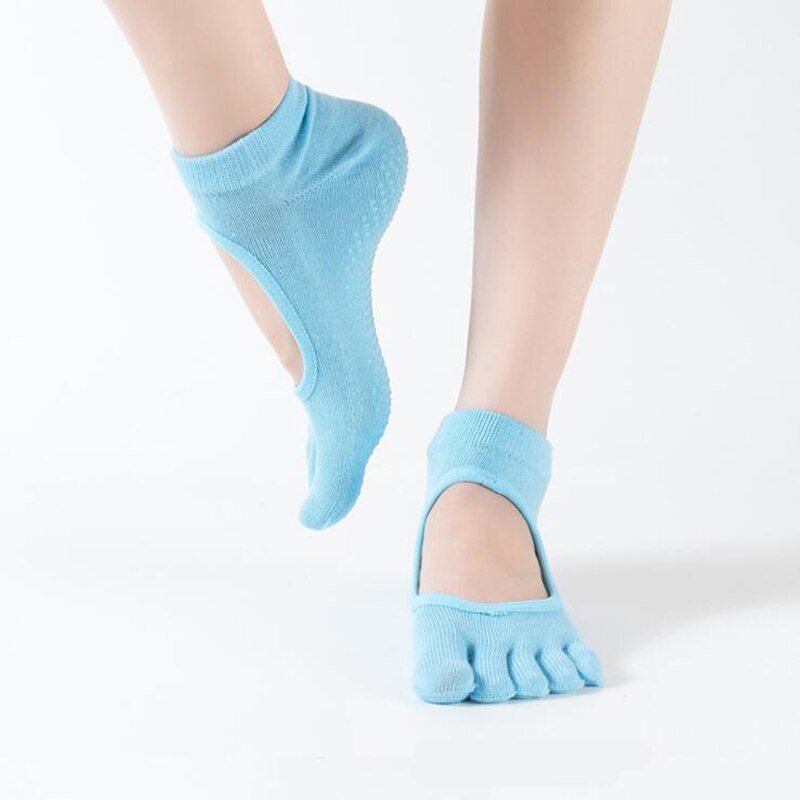 Kvinder yoga sokker rygløse fem fingre sokker gym fitness sport pilates dans ballet skridsikker 5 tå bomulds sokker fodtøj kvinde: Himmelblå