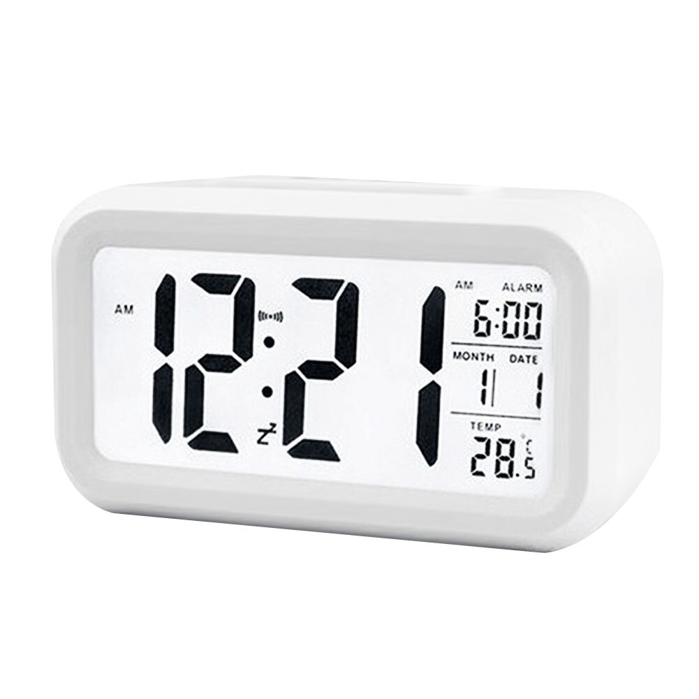 Smart Temperature Alarm Clock LED Digital Electronic Backlight Calendar Desktop Table Watch Battery Power Clocks: white