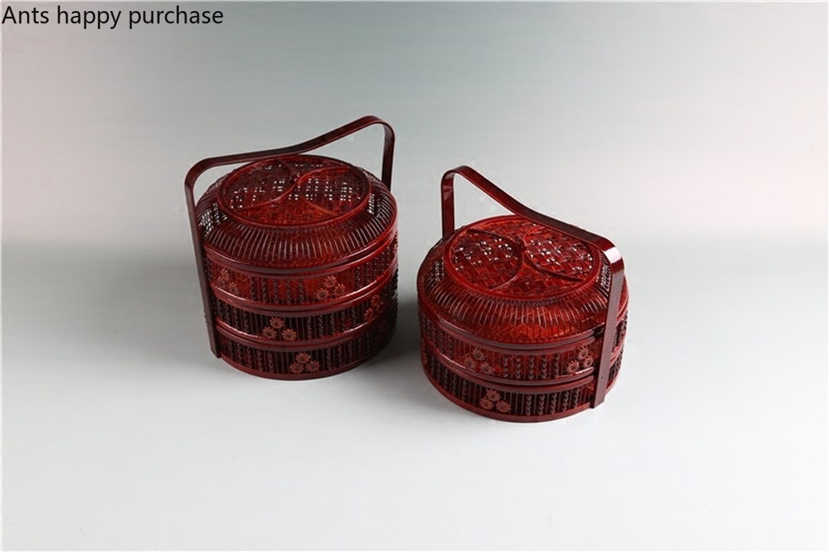 Bambus oppbevaringskurv håndtak med lokk rund hul to etasjer tre etasjer bryllup kurv egg måne kakeboks frukt oppbevaringsbokser