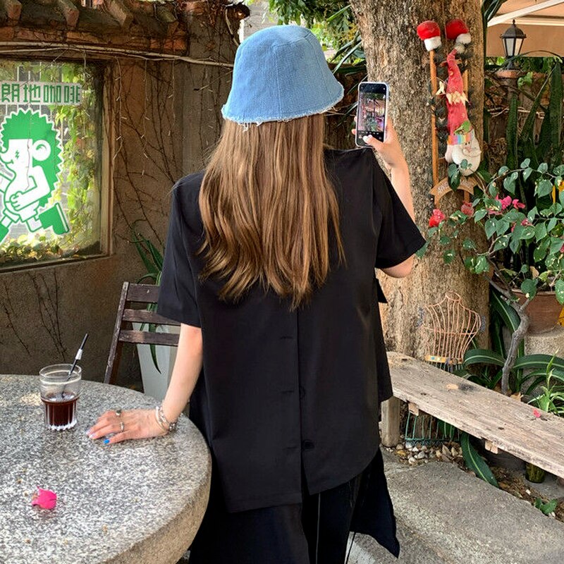 Blezery damskie jednolity, z nacięciem dwurzędowy modny workowaty koreańnarty styl wypoczynek lato z krótkim rękawem cały mecz elegancki prosty