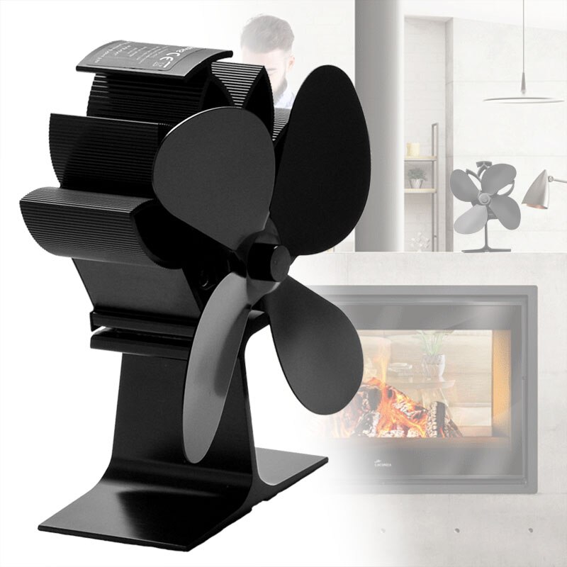 Fireplace 4 Blades Heat Powered Black Stove Fan Log Wood Burner Eco-fan Quiet Home Fireplace Fan Efficient Heat Distribution