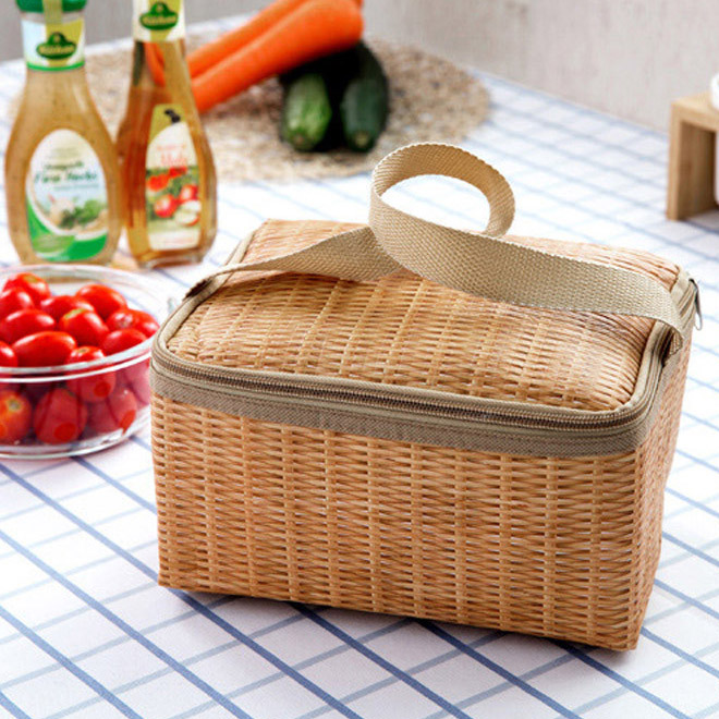 Portable Imitation Rattan Lunch Bags Insulated Thermal Cooler Lunch Box Tote Storage Bag Container Food Picnic Bag