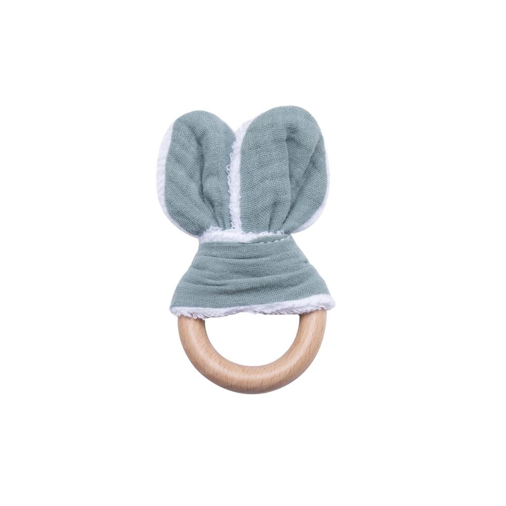 2 teile/satz Baumwolle Hase Ohr Rasseln Spielzeug Baby Buche Holz Zahnen Diy Armbinde Kinderwagen Kette Hase Ohr Baby Rassel Spielzeug: Blau