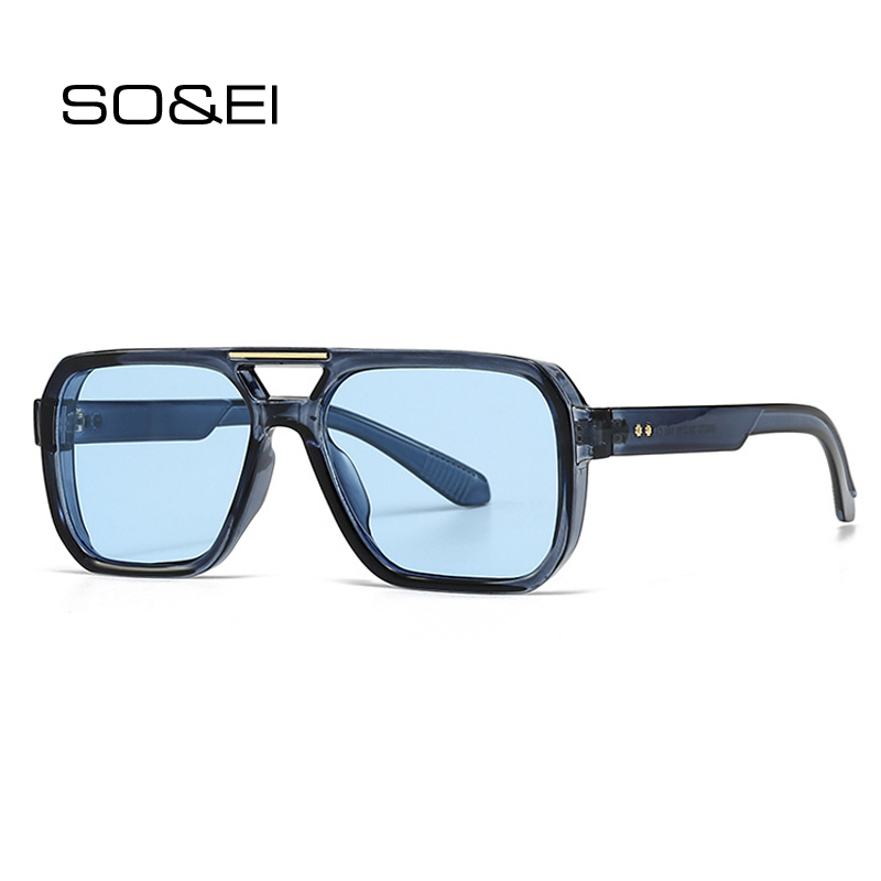 SO & EI, gafas de sol cuadradas de doble puente a la para mujer, remaches Retro, tonos de té azul UV400, gafas de sol con gradiente para exteriores para hombre