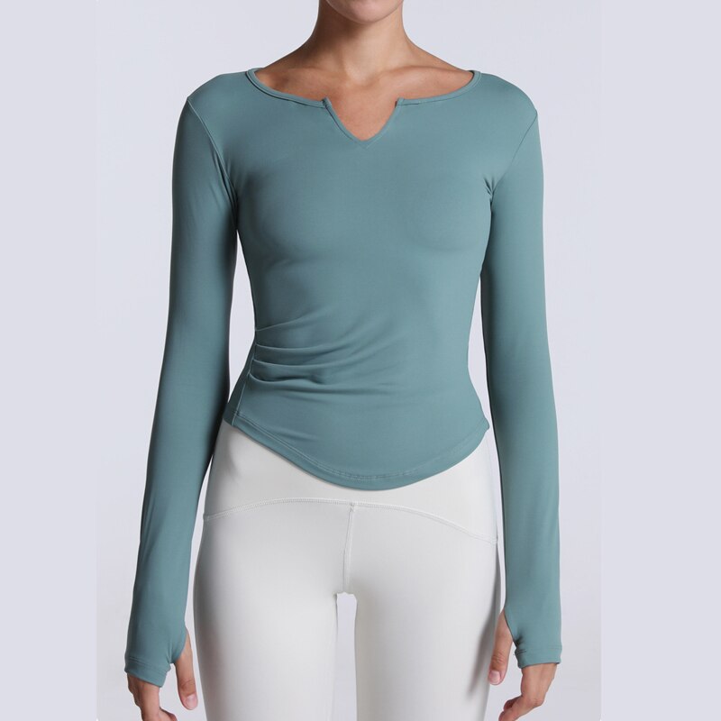 Sportliches t-shirt, langärmeliges crop-top, yogashirt mit daumenlöchern, sportbluse, trainingstop, fitnessweste, damen-yogabekleidung