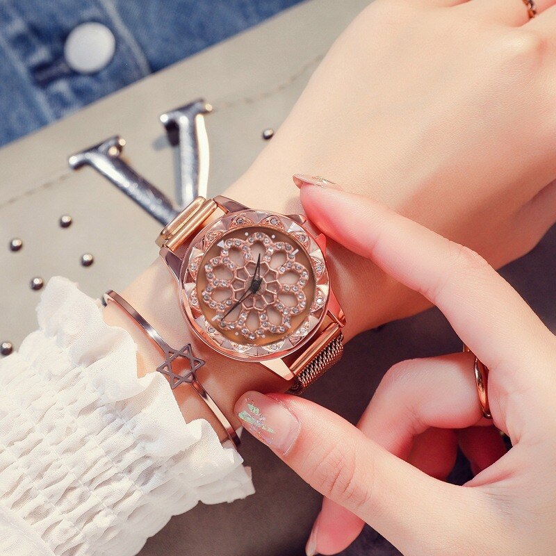 Lucky Women Wrist Watches Rose Gold Rotating Flower Watches relogio feminino Diamond Magnetic Quartz Clock