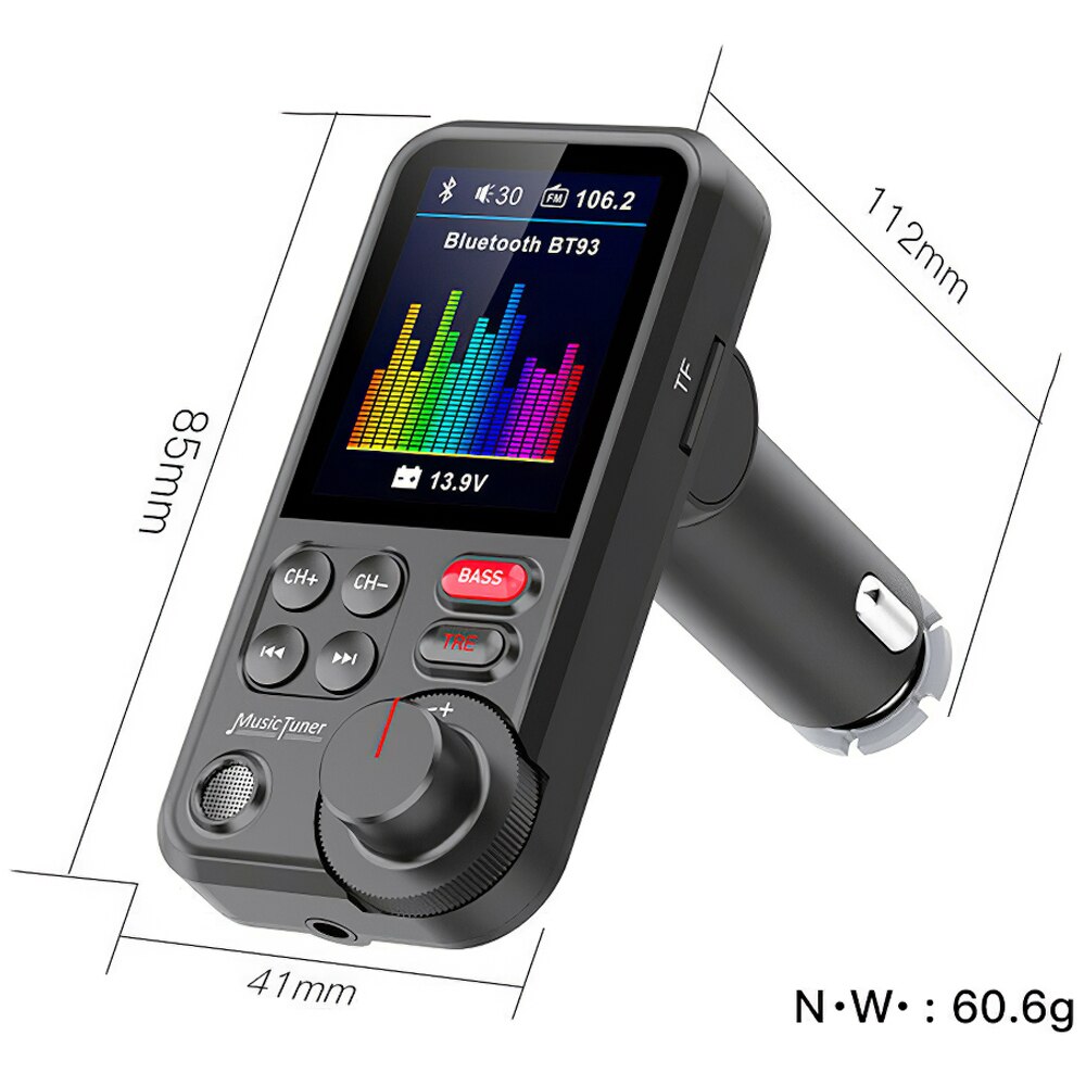 Reproductor MP3 BT93 de 1,8 pulgadas para coche, transmisor FM Aux QC3.0, carga inalámbrica, compatible con Bluetooth, sonido de graves agudos, reproductor de música