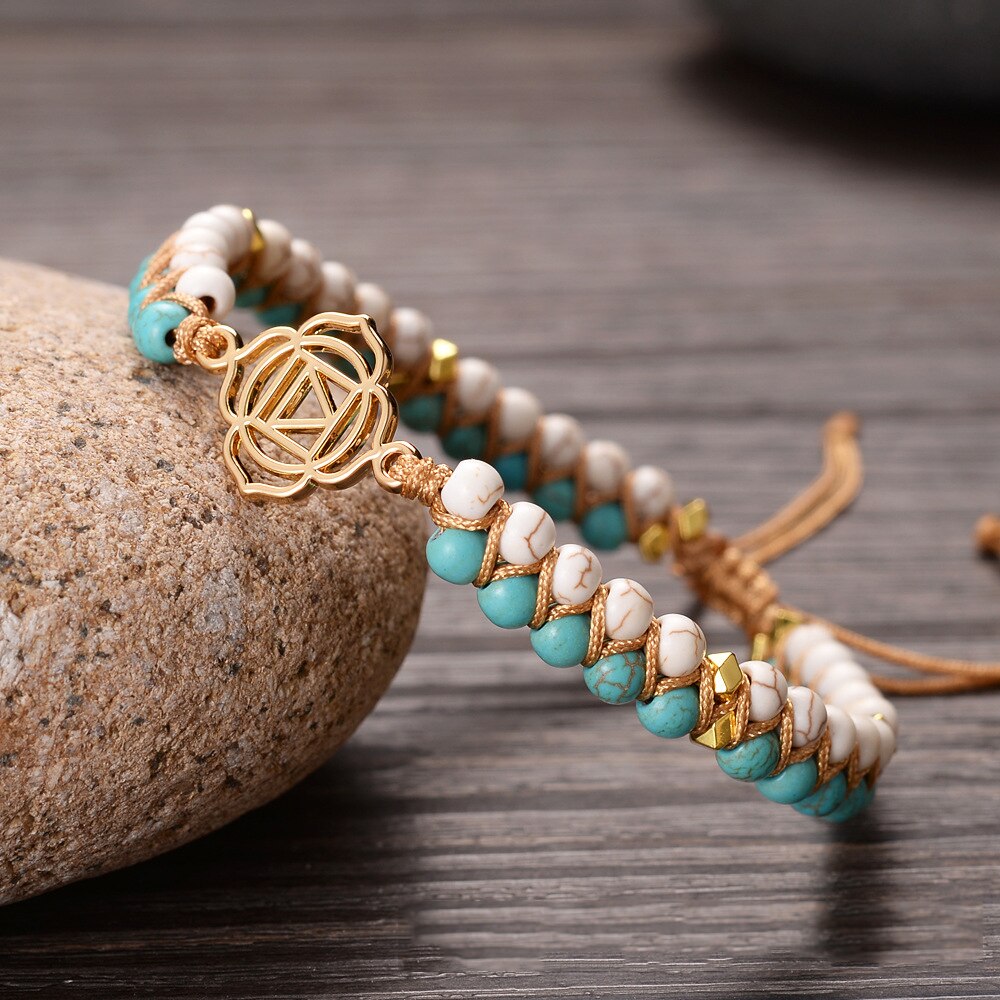 Árvore de pedra natural da vida yoga chakras contas frisado pulseiras corda de couro artesanal tecido wrap pedra ajustável casal pulseira: blue White