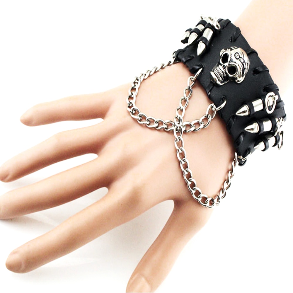 Unisex Black PU Leather Cool Bracelet Punk Bullet Wristband Adjustable Skull Metal Chain Bracelet Punk Biker Rock Gothic