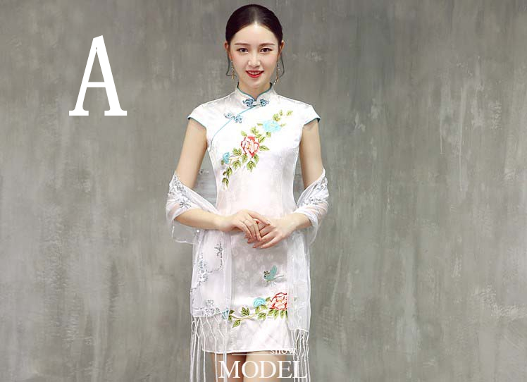 Kvinder cheongsam rød guldblå aftenomslag sjal paljetter blonder wrap med lang kvast formel bryllupsfest damer bolero: En hvid