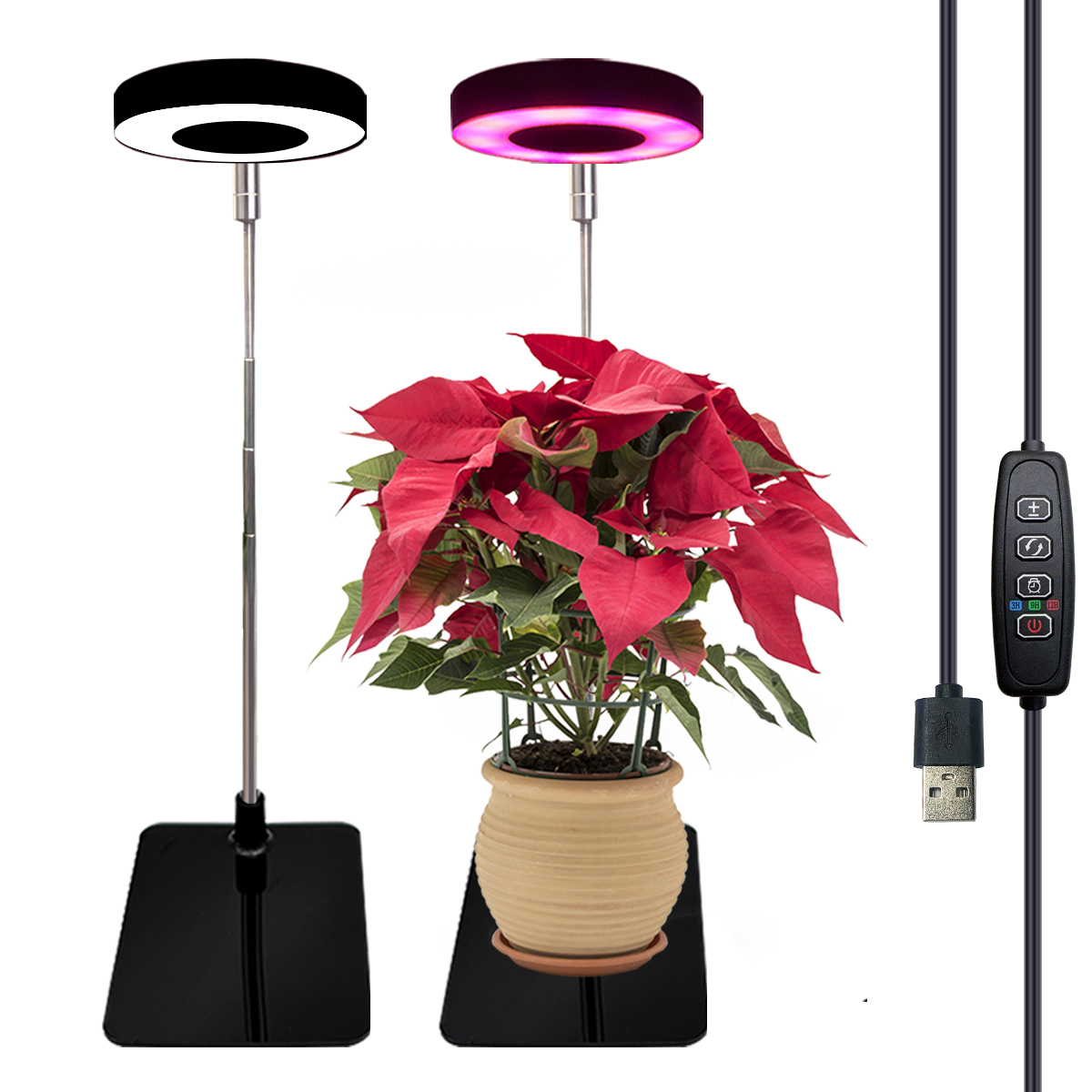 Drie kleuren met basisplantlicht Volledig spectrum LED-groeilicht voor kamerplanten 3/9/12 timing in hoogte verstelbaar 10-niveaus dimmen: WHITE