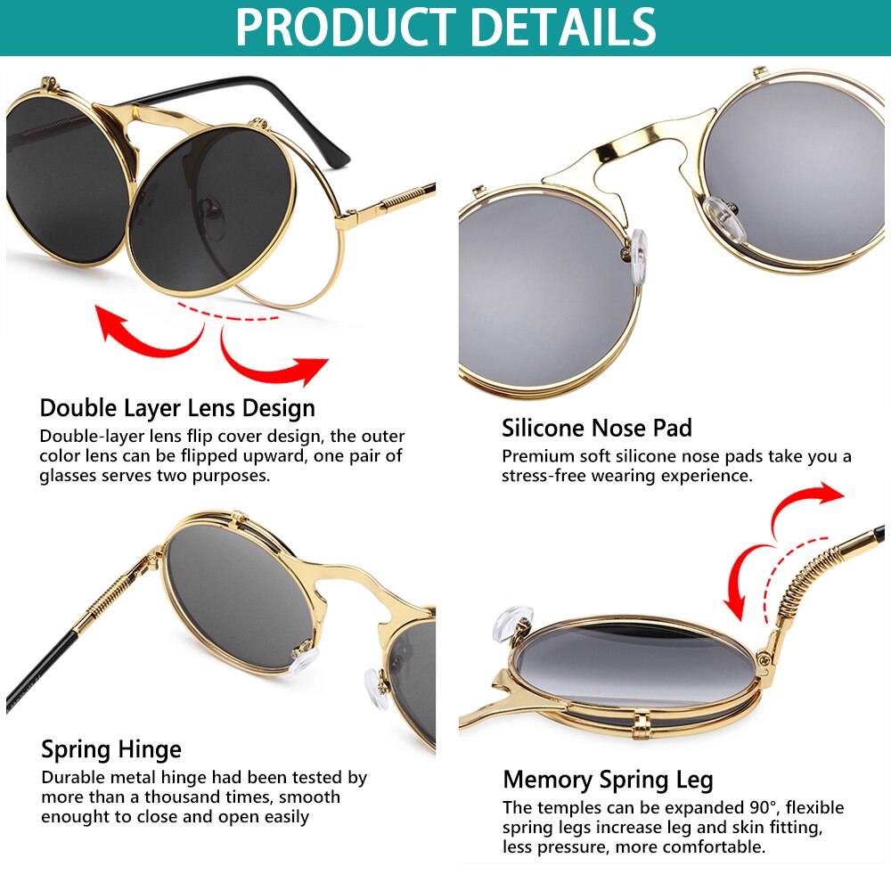 1 PC Vintage Punk Round Flip Up Sunglasses for Men Women Steampunk Driving Sunglasses Summer UV Protection Eyewear