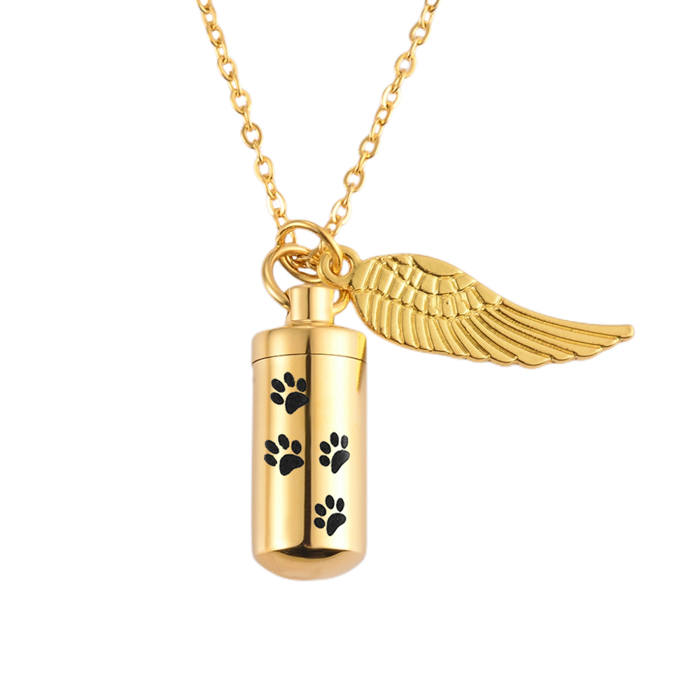 Mode Crematie Sieraden Hond Paw Urn Cilinder Hanger Eternity Roestvrij Staal Herdenking Huisdier As Ketting: Goud-kleur