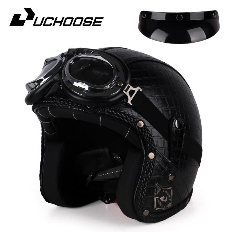UCHOOSE retro Motorradhelm PU Leder offen Gesicht 3/4 Zerhacker Fahrradhelme klassisch Casco Moto Jahrgang: Blau / XXL