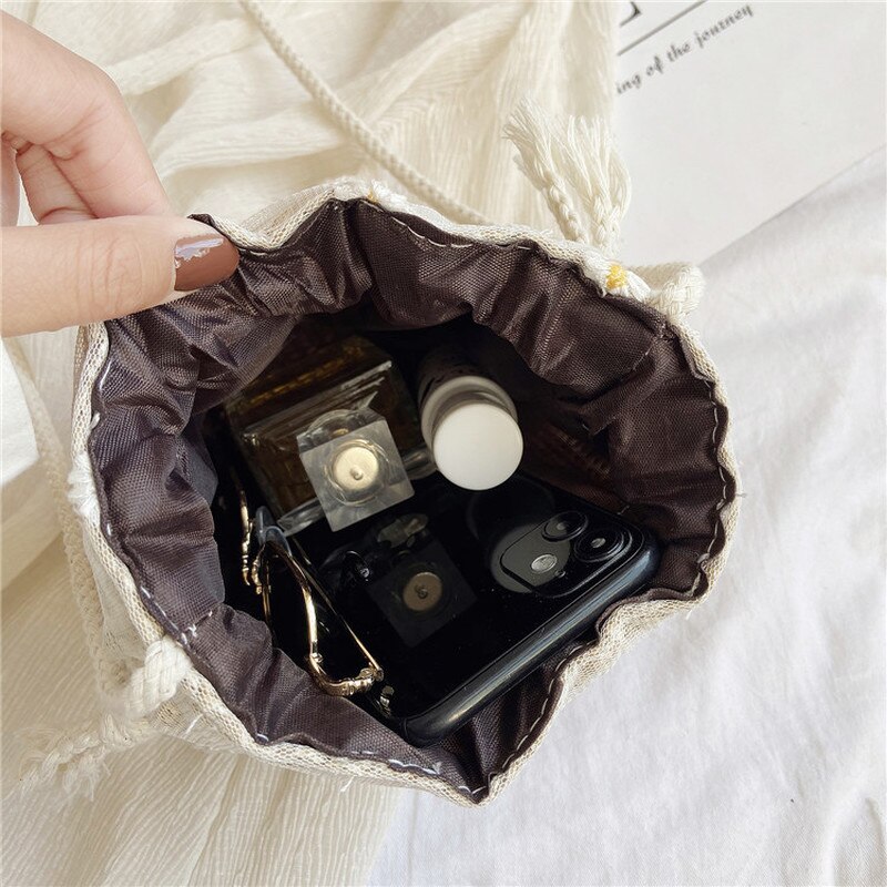 Sacos de cordão feminino de malha floral lazer mini retro simples moda all-match chique estilo coreano balde doce meninas verão novo