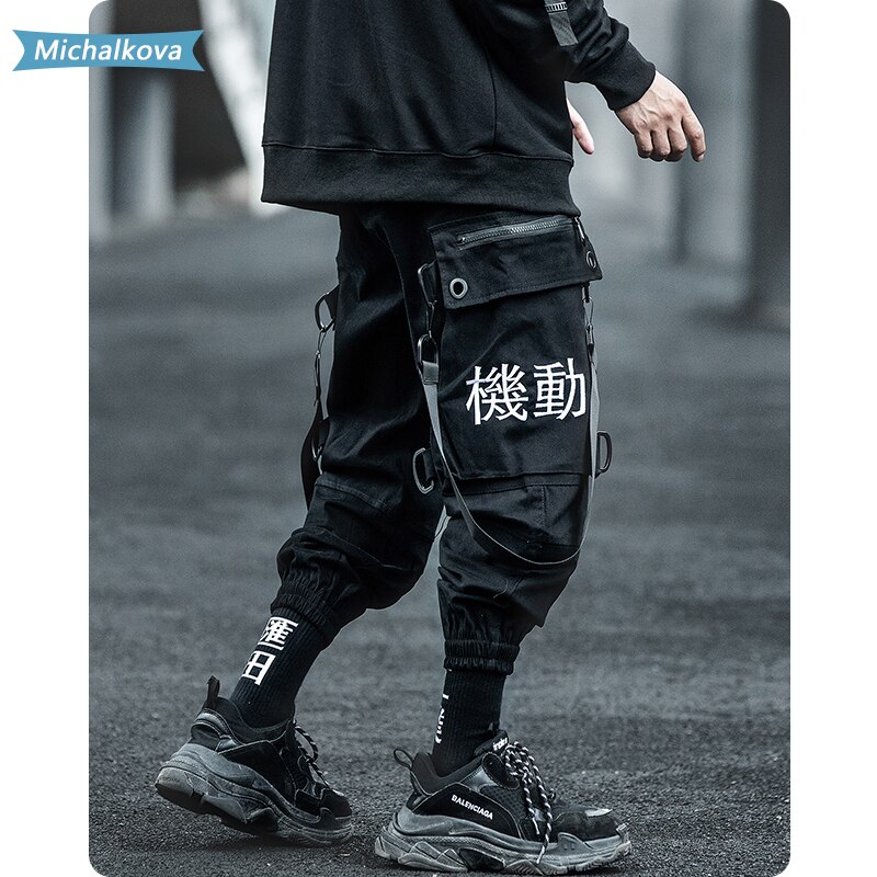 Monitaskuinen hiphop miesten vaatteet kirjonta nauha joustava vyötärö harajuku katuvaatteet lenkkeilijät housut techwear housut michalkova