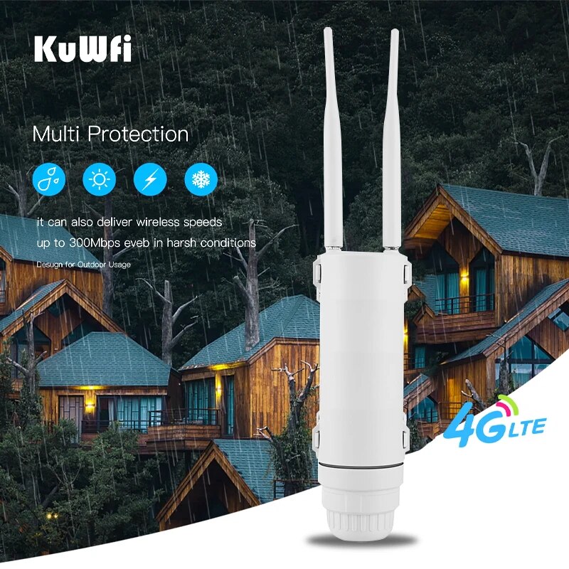 KuWFi IP67 à prova d'água 4G LTE WiFi Router - Hotspot de Internet com cartão SIM de alta velocidade de 300 Mbps com suporte para 64 usuários