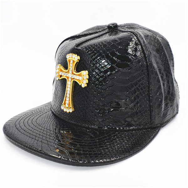 Pu læder krystal kors vedhæng kasketter skateboard kasket snap hip-hop hat hiphop kasketter snapback hat: Sort