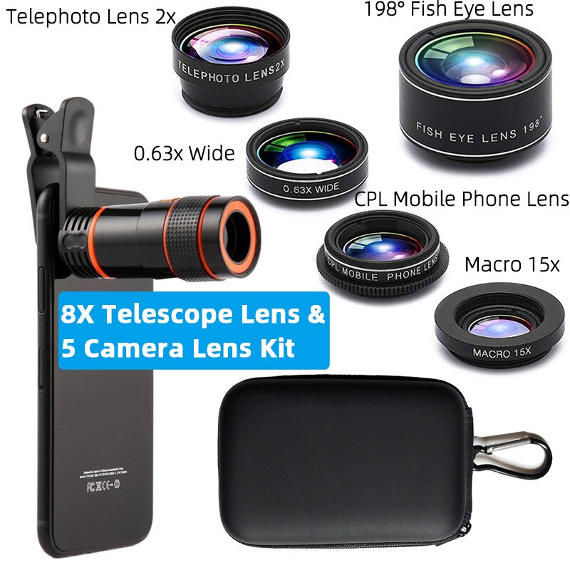 10 in 1 mobiltelefon kamera linsesæt til iphone x  xs 11 6 7 8 vidvinkel makro smartphone fiskeøje zoom teleskop universal: 8 x 5 i 1